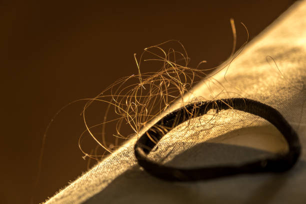 Hairpin and falling hair strands hit by the sun The sun hits the hair strands. The strands become clear. Hair shedding. Hairpin. Symmetrical photo hair strands stock pictures, royalty-free photos & images