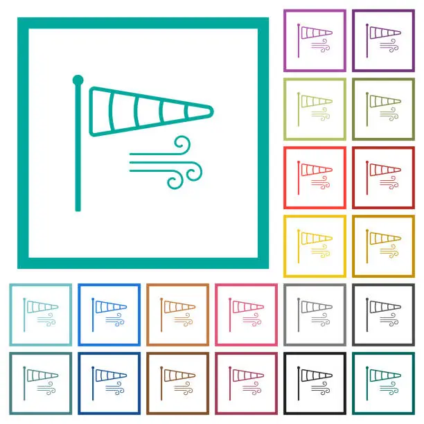 Vector illustration of Windsock indicator with wind outline flat color icons with quadrant frames