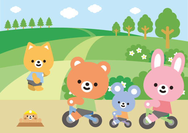 милые животные верхом на велосипедах (кролик, медведь, кошка, мышь, енот, собака, лев, панда) - raccoon dog stock illustrations