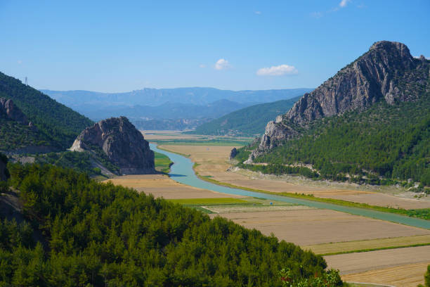Kizilirmak river flows through agricultural fields, Sinop, Turkey