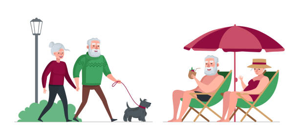 illustrations, cliparts, dessins animés et icônes de les grands-parents retraités du couple de personnes âgées se reposent dans le parc et se détendent sur la plage. les personnes âgées marchent avec un chien. les personnes âgées se détendre bronzer ensemble en voyage. relations de loisirs à la ret - senior couple senior adult senior women grandmother