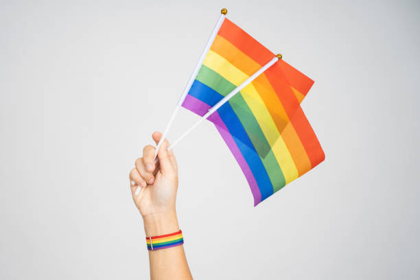 istock Gay flags in women's hand on grey background. 1333388592