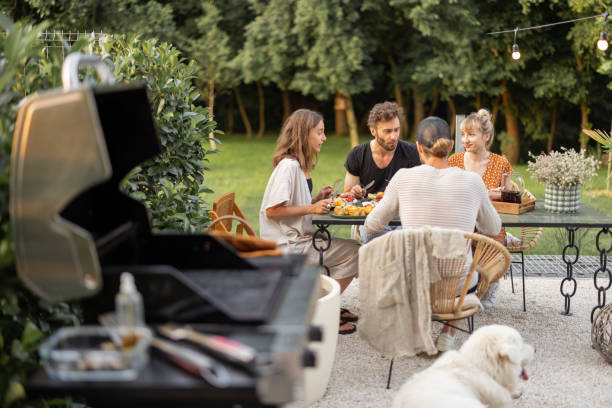 Friends eating lunch at backyard
