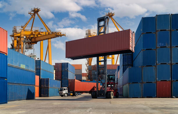 istock Containers inside the warehouse. Container in export and import business and logistics. 1333391569