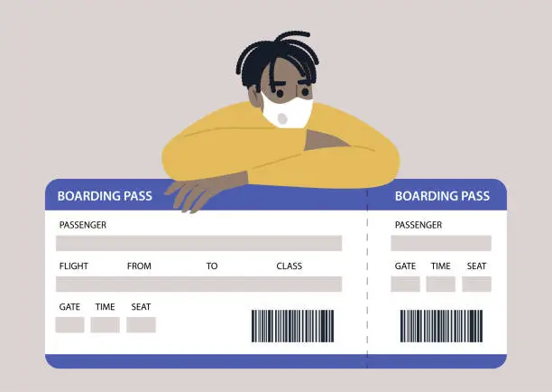 Vector illustration of A young male Black character wearing a face mask and leaning on a boarding pass image, coronavirus travel restrictions concept