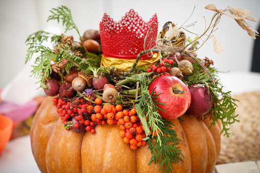 Autumn background of pumpkins, vegetables and fruits. Thanksgiving concept