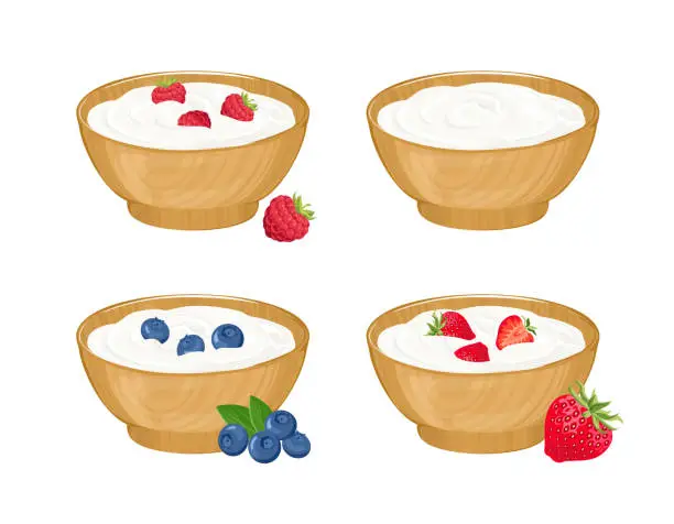 Vector illustration of White yogurt with berry in  wooden bowl. Vector illustration of Greek yogurt with raspberry, strawberry and blueberry. Cartoon flat style.