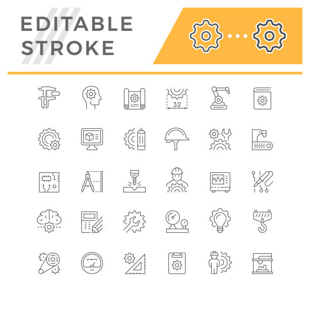 ilustrações de stock, clip art, desenhos animados e ícones de set line icons of engineering - drawing compass caliper computer icon work tool