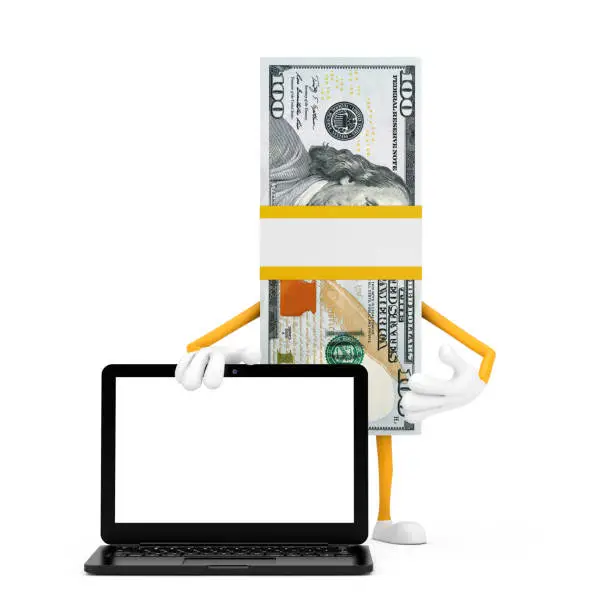 Photo of Stack of One Hundred Dollar Bills Person Character Mascot with Modern Laptop Computer Notebook and Blank Screen for Your Design. 3d Rendering