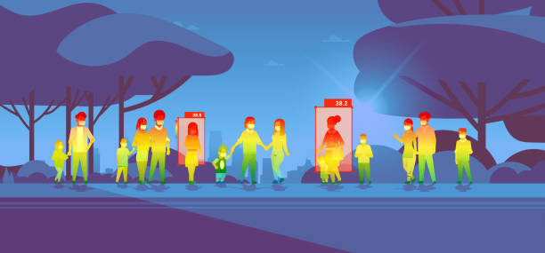 ノンコンタクトサーマルaiカメラストップコロナウイルスによる公園検査で歩いている人々の体温上昇を検出する - non moving activity点のイラスト素材／クリップアート素材／マンガ素材／アイコン素材