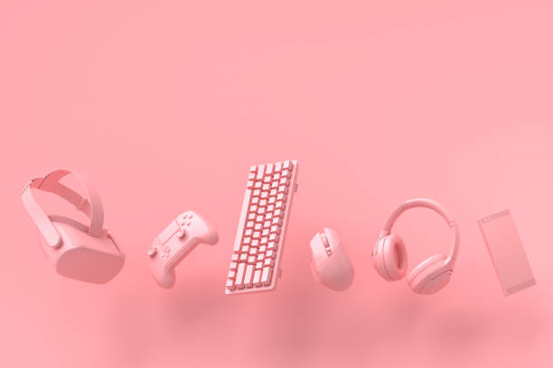 Flying gamer monochrome gears like mouse, keyboard, joystick, headset, VR Headset on pink table background. 3d rendering of accessories for live streaming concept top view