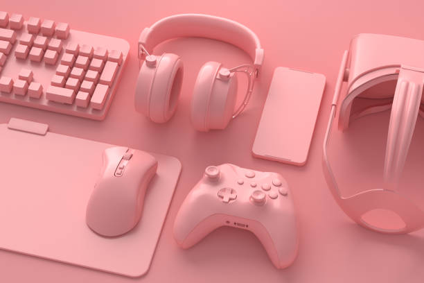 istock Top view of gamer workspace and gear like mouse, keyboard, joystick, headset, VR 1333400499
