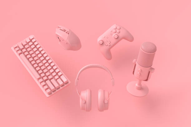 istock Flying gamer gears like mouse, keyboard, joystick, headset, VR, microphone 1333400517