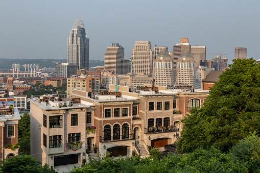 Cincinnati - Circa July 2021: Cincinnati skyline including the Great American Tower, First Financial Center, Procter & Gamble headquarters and Fifth Third Center from the historic Mount Adams neighborhood.