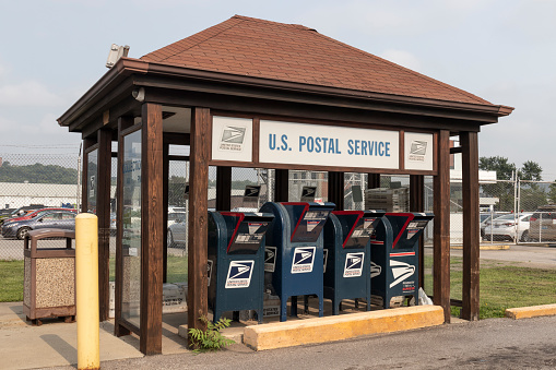 Cincinnati - Circa July 2021: USPS Post Office Mail boxes. The Post Office is responsible for providing mail delivery.