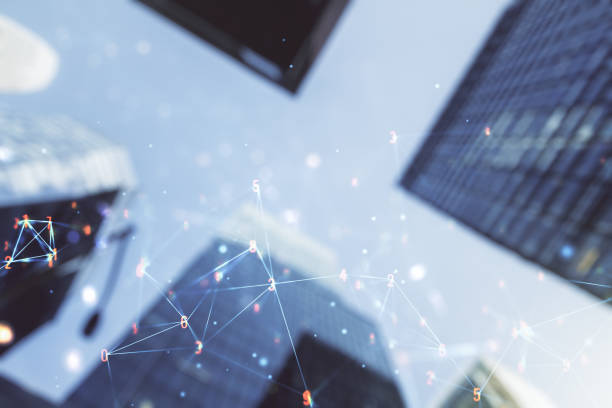 istock Abstract virtual wireless technology hologram on modern architecture background, artificial intelligence and machine learning concept. Multi exposure 1333401750