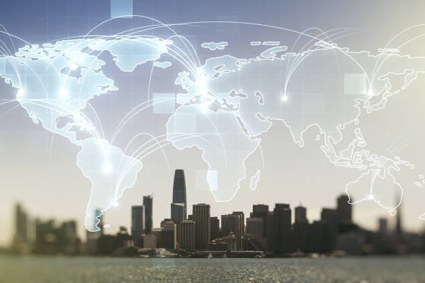istock Abstract graphic digital world map hologram with connections on San Francisco cityscape background, globalization concept. Multiexposure 1333401766