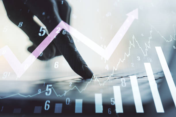 istock Abstract creative financial graph with upward arrow and hands typing on laptop on background, forex and investment concept. Multiexposure 1333401837