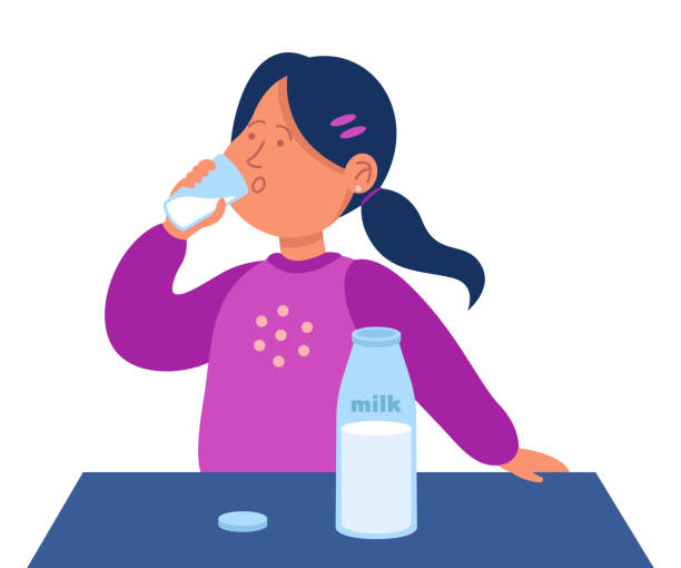 Cartoon Little Girl Drinking Glass Of Milk向量圖形及更多牛奶圖片- 牛奶, 飲, 飲品- iStock