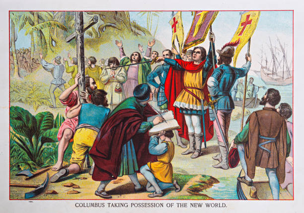 Columbus: Taking possession of the New World 1892 Columbus and Columbia - Philadelphia 1892 christopher columbus stock illustrations