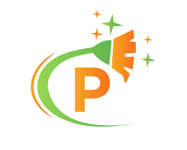 czyszczenie logo z koncepcją litery p. dom czysty i logo miotła. p litera pokojówka logo design - letter p water liquid text stock illustrations
