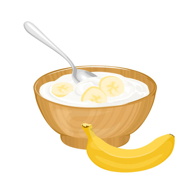 bildbanksillustrationer, clip art samt tecknat material och ikoner med yogurt with banana in bowl. dairy dessert with  spoon. vector cartoon flat illustration. - illustrationer med smoothie