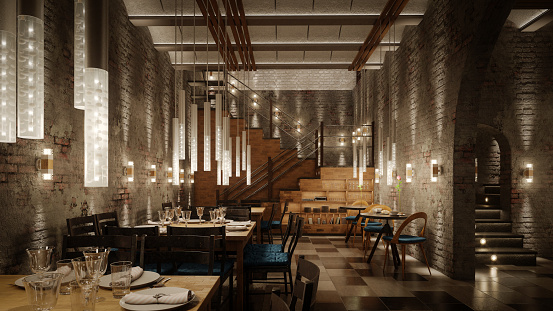 Digitally generated secluded restaurant interior scene in a old cellar with a romantic and privacy atmospheric mood\n\nThe scene was rendered with photorealistic shaders and lighting in Autodesk® 3ds Max 2022 with V-Ray 5 with some post-production added.