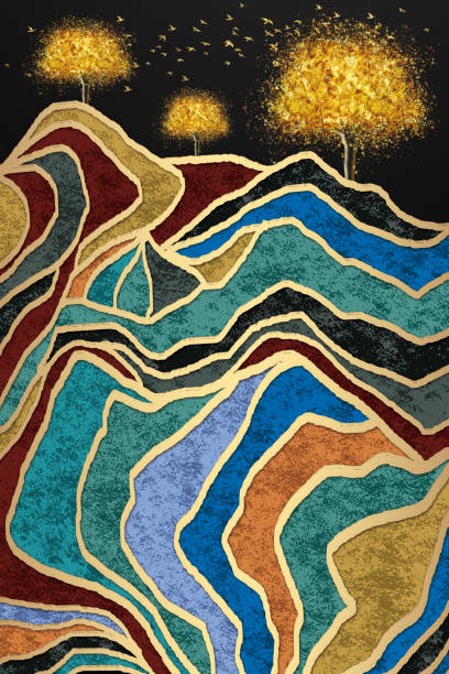 istock 3d mural wallpaper for wall frame . resin geode and abstract art, functional art, like watercolor geode painting. golden, red, orange and turquoise marble with golden trees and birds in background 1333417411
