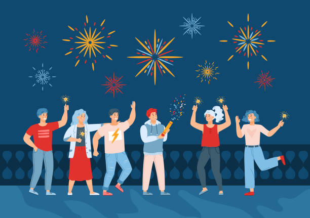 ilustraciones, imágenes clip art, dibujos animados e iconos de stock de feliz diversión gente viendo coloridos fuegos artificiales de vacaciones en el cielo nocturno. - new years illustrations