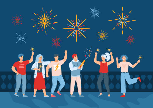 Happy fun people watching colorful holiday fireworks in night sky. Happy young people watching colorful holiday fireworks in night sky. Festive pyrotechnics show, celebration new year or fun party with salutes. Flat cartoon vector illustration. block party stock illustrations