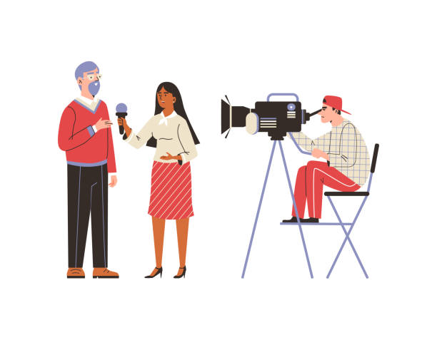 Female media journalist with microphone take interview man in front of camera. Female media journalist with microphone take interview celebrity man in front of camera. Reporter tv and cameraman broadcast breaking news at live stream. Vector flat illustration. interview camera stock illustrations