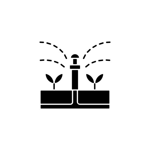 Irrigation device black glyph icon Irrigation device black glyph icon. Automated watering system for crop and landscape. Avoid soil consolidation. Plants care. Silhouette symbol on white space. Vector isolated illustration agricultural sprinkler stock illustrations