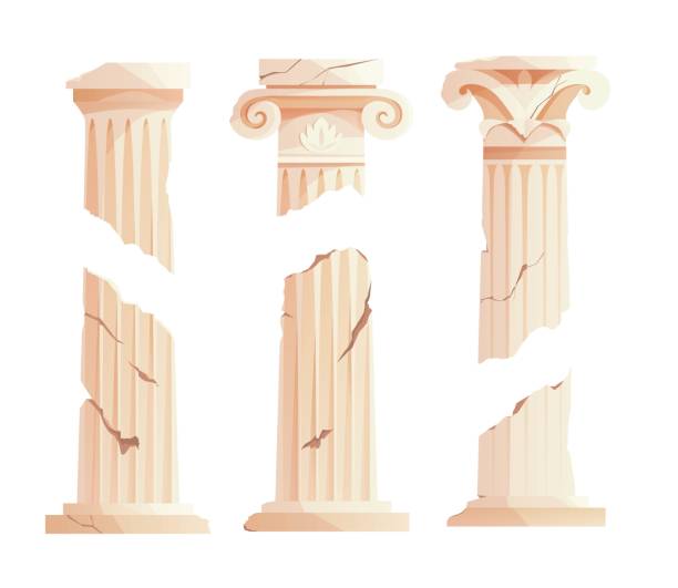 Antique broken Greek columns. Ancient Roman pillar. Building design elements. Cartoon vector illustration. Antique broken Greek columns. Ancient Roman pillar. Building design elements. doric stock illustrations