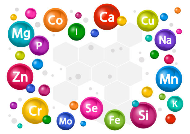 набор минеральных добавок. поливитамичный комплекс для здоровья. витаминные иконки. кальций магний цинк железо йод марганец кобальт медь к - zinc stock illustrations