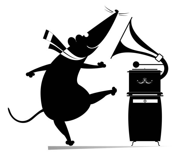 Cartoon rat or mouse and retro record player illustration Funny rat or mouse listening music by vintage record player and dancing black on white opossum silhouette stock illustrations