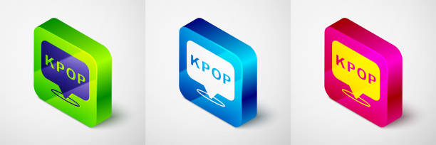 isometrisches k-pop-symbol auf grauem hintergrund isoliert. koreanischer populärer musikstil. quadratische schaltfläche. vektor - letter k alphabet three dimensional shape green stock-grafiken, -clipart, -cartoons und -symbole