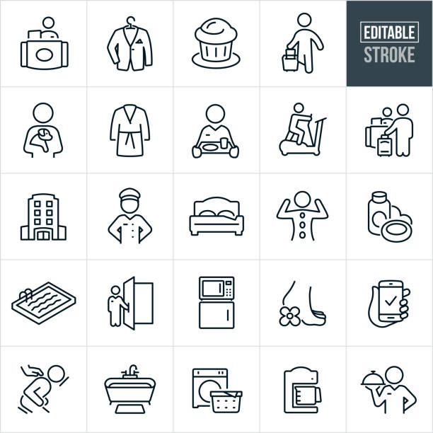 Hotel Thin Line Icons - Editable Stroke A set of business hotel icons that include editable strokes or outlines using the EPS vector file. The icons include  hotel check-in, check-in attendant, dry cleaning, hotel, continental breakfast, hotel guest with luggage, guest with pet dog, bathrobe, woman at spa, elliptical exercise equipment, guest at hotel check-in desk, bellman, hotel porter, bed, person receiving a spa treatment, shampoo and soap, swimming pool, doorman, microwave, refrigerator, online reservation, massage, bathtub, laundry, coffee maker, dining and other related icons. guest stock illustrations