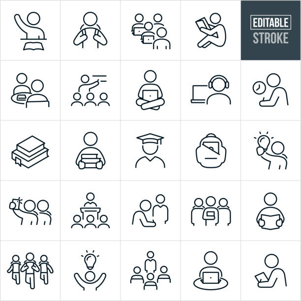 A set of education icons that include editable strokes or outlines using the EPS vector file. The icons include a student with arm raised, student with backpack, college professor teaching students in computer lab, student reading a textbook, students studying at table in library, teacher teaching students from chalkboard, student on laptop, student doing coursework from laptop computer, student taking a test, school textbooks, student holding stack of textbooks, graduate with graduation cap, backpack with laptop, student with lightbulb, two students taking a selfie, professor teaching students from podium, teacher and student, group of students looking at camera, group of students walking to class with backpacks on and other related icons.