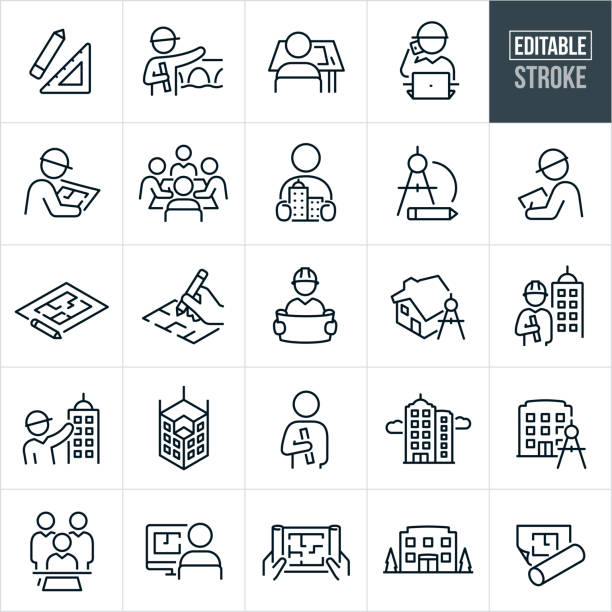 Architecture Thin Line Icons - Editable Stroke A set of architecture icons that include editable strokes or outlines using the EPS vector file. The icons include a ruler and pencil, architect with blueprints in front of bridge, architect working at drafting table, architect at computer and on phone while wearing a hardhat, architect examining blueprint, group of architects in boardroom working together, architect holding model of high-rise buildings, drawing compass and pencil, engineer with hardhat and plans, blueprint, engineer holding open blueprint, house with compass, architect in front of high-rise building, engineer wearing hard hat pointing to business building, high-rise building being constructed, architect holding blueprint, high-rise buildings, office building and drawing compass, group of architects with blueprint, architect on computer, hands holding blueprint and other related icons. floor plan illustrations stock illustrations