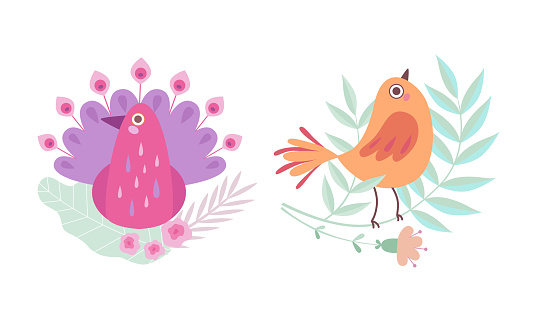Cute Birdie Sitting in Nest of Floral Twigs Vector Set. Pretty Feathered Creature and Blooming Garden Flora Concept