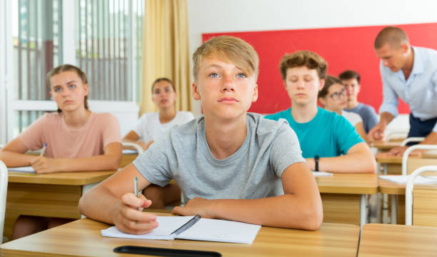 istock Teenage student writing lectures in workbooks in classroom during lesson 1333430015
