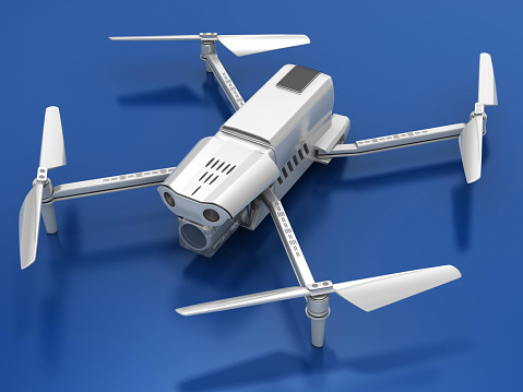 3d render. Drone isolated on blue background.