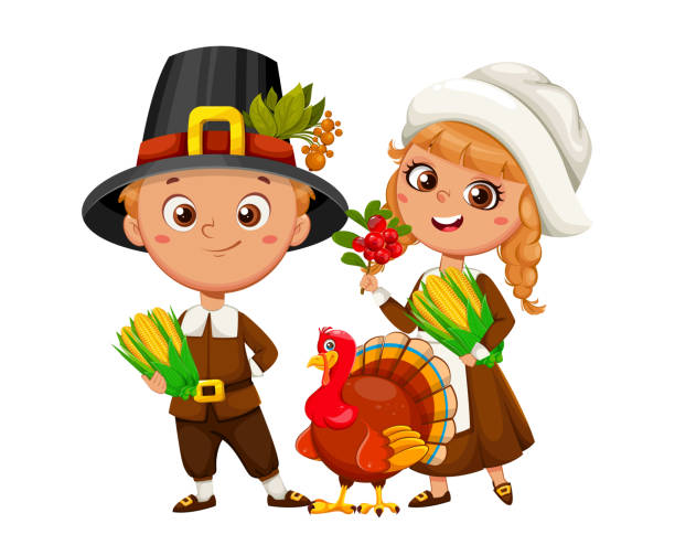 해피 추수 감사절. 귀여운 순례자 소년과 소녀 - thanksgiving pilgrim turkey little girls stock illustrations