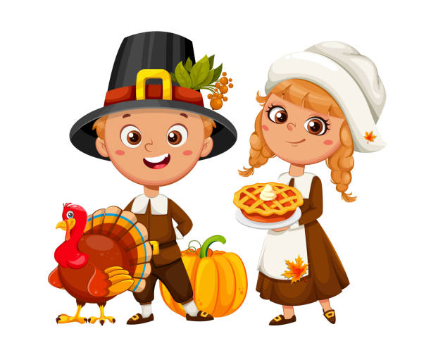 해피 추수 감사절. 귀여운 순례자 소년과 소녀 - thanksgiving pilgrim turkey little girls stock illustrations