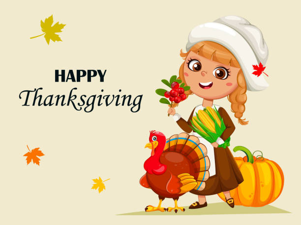 행복한 추수 감사절. 순례자 소녀와 칠면조 새 - thanksgiving pilgrim turkey little girls stock illustrations