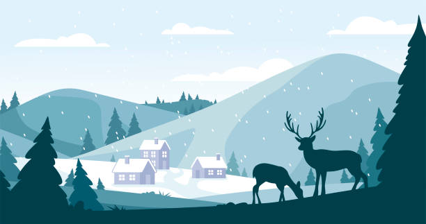 illustrations, cliparts, dessins animés et icônes de paysage atmosphérique d’hiver de noël avec congères, village de montagne, forêt et rennes - christmas winter december deer