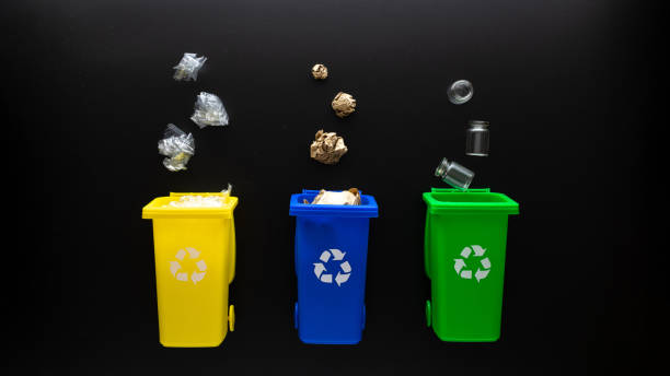 istock Precycling set. Bin container for disposal garbage waste and save environment. Yellow, green, blue dustbin for recycle plastic, paper and glass can trash on black background. Copy space. 1333436355