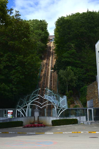 city of Spa sightseeing. Slope on rail tracks to the top of hill. Spa, Belgium - August 08, 2021: Tourist attractions. Cabin on top of the hill on rail tracks. spa belgium stock pictures, royalty-free photos & images