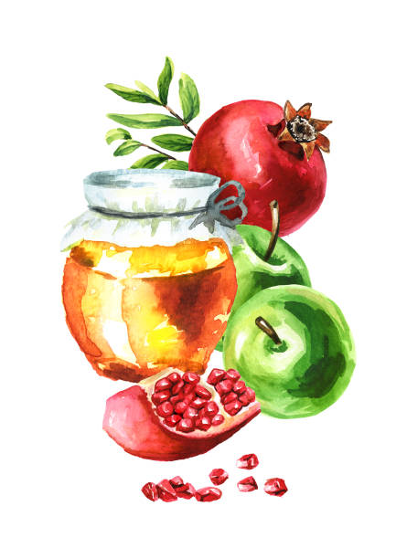 pomegranate,  apple,  honeycomb.  jewish new year, rosh hashanah, shana tova card. hand drawn  watercolor illustration  isolated on white background - rosh hashanah stock illustrations