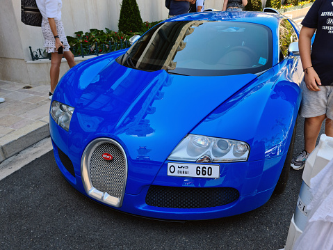 Monte-Carlo, Monaco - August 1, 2021: Blue Bugatti Veyron 16.4 Luxury Supercar Parked In Front Of The Monte-Carlo Casino In Monaco On The French Riviera, Europe. Closeup Front View